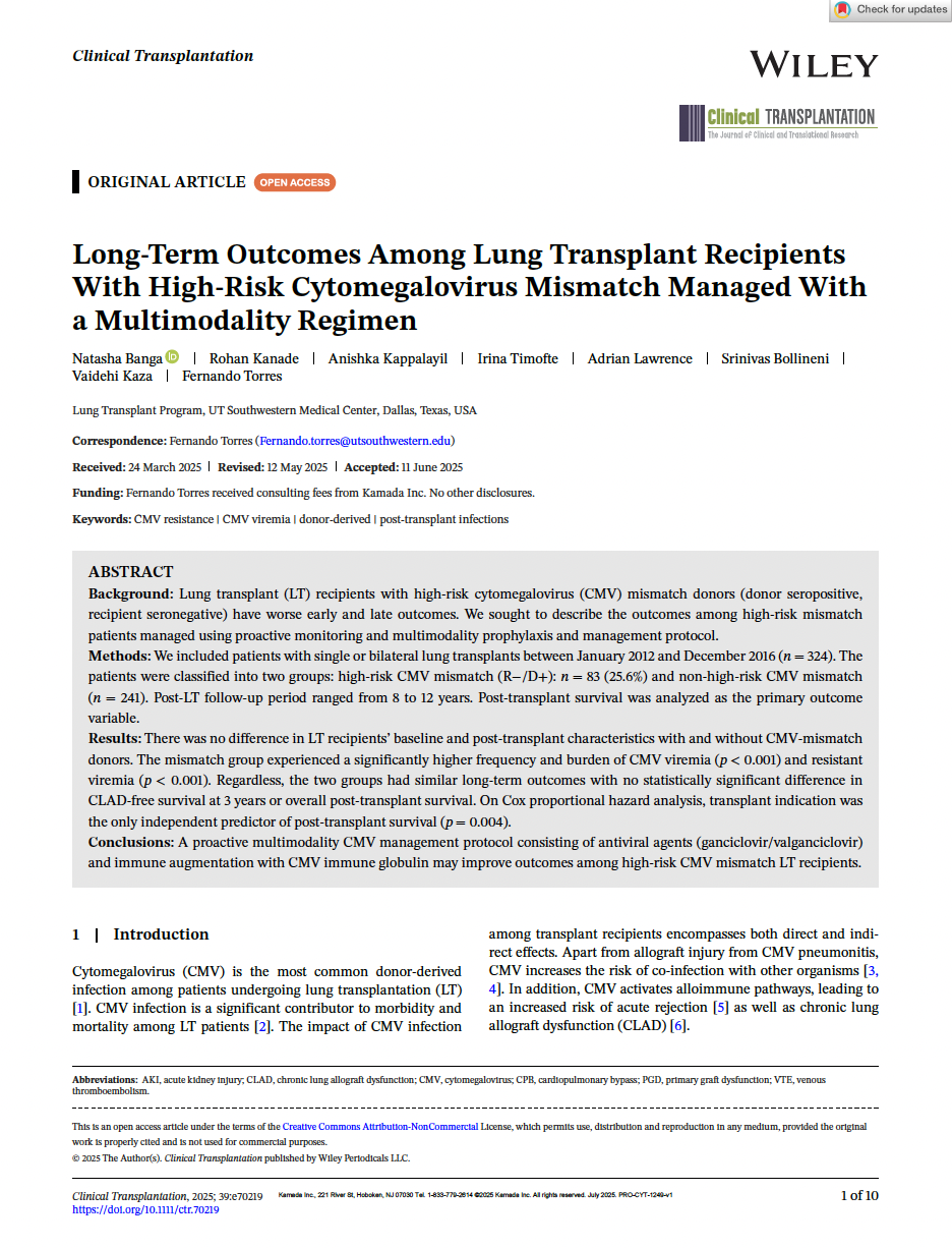 Banga 2025 Publication: Long-Term Outcomes in High-Risk CMV Mismatch Lung Transplant